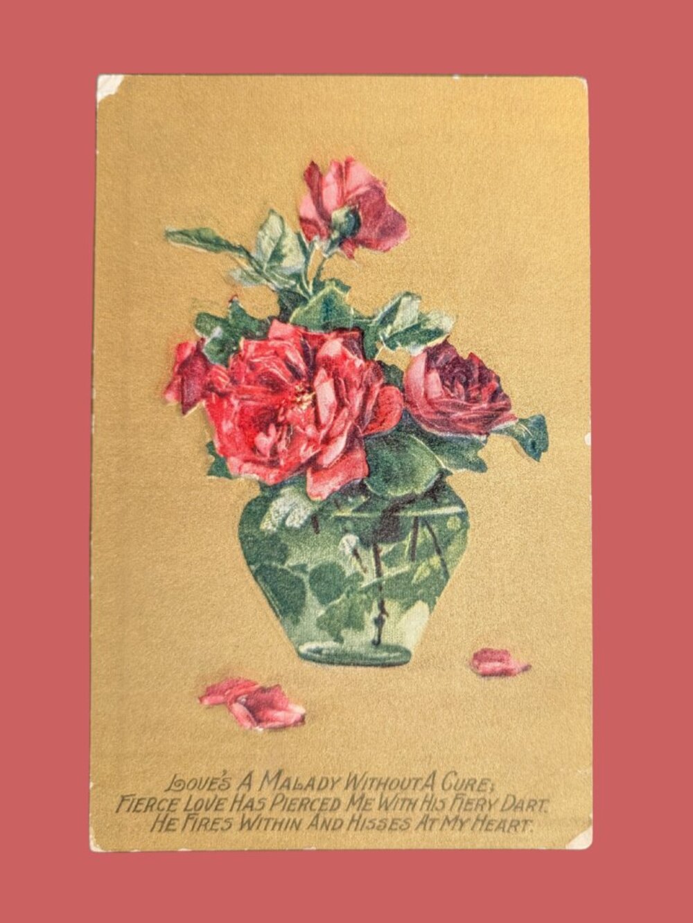 5/$25 Antique 1911 Postmarked Embossed Postcard Art Nouveau Red Roses in Vase